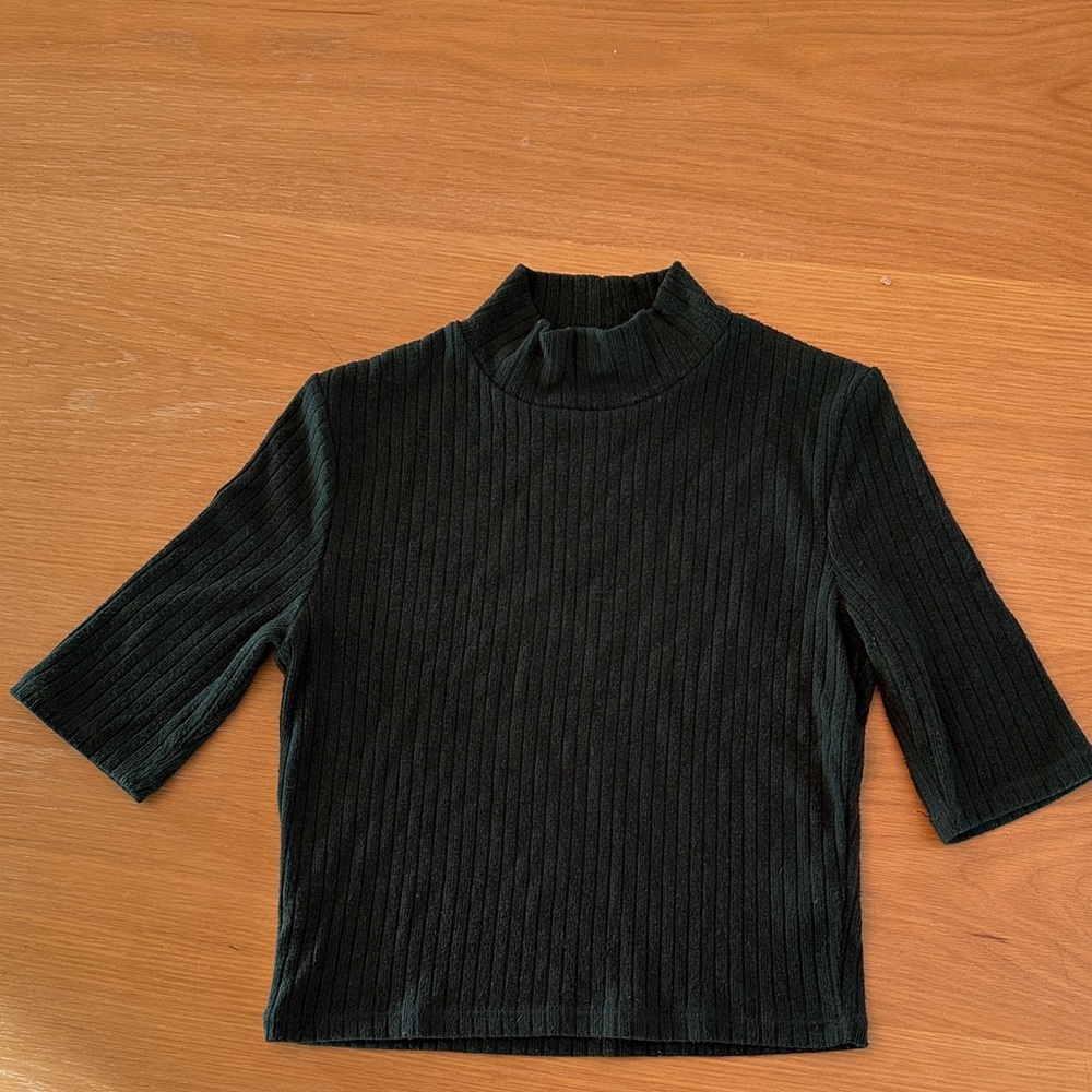 Dark Green Ribbed Mock Neck Top